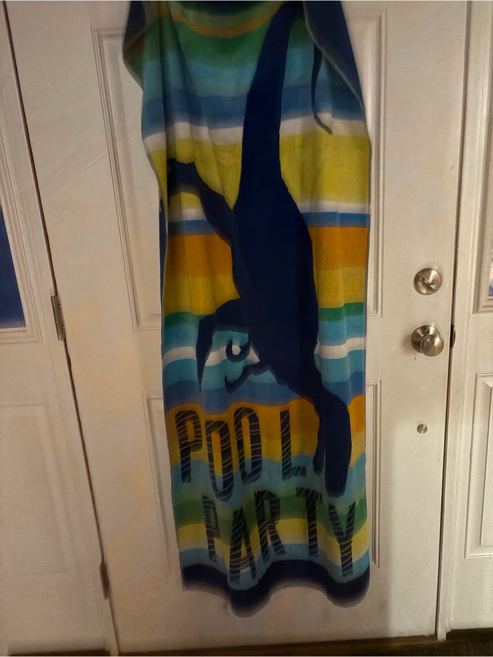 Kids “Pool Party” Beach Towel with Dinosaur & Stripe Design.